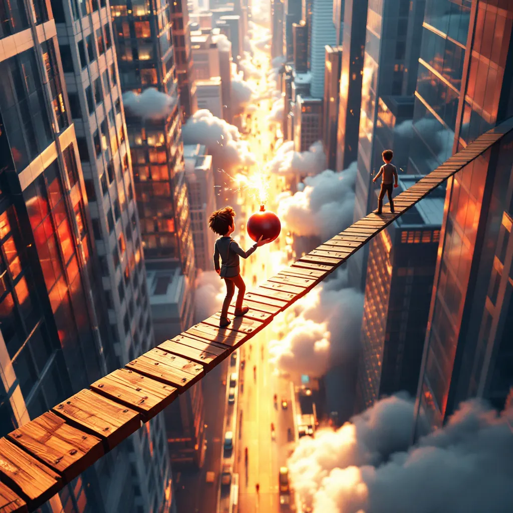 Two players on single planks between skyscrapers in the Altophobia VR experience, one carrying a ticking cherry bomb